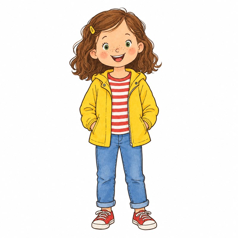 Anak yang sama digambar sebagai tokoh buku bergambar, dengan pakaian yang ia kenakan di setiap halaman