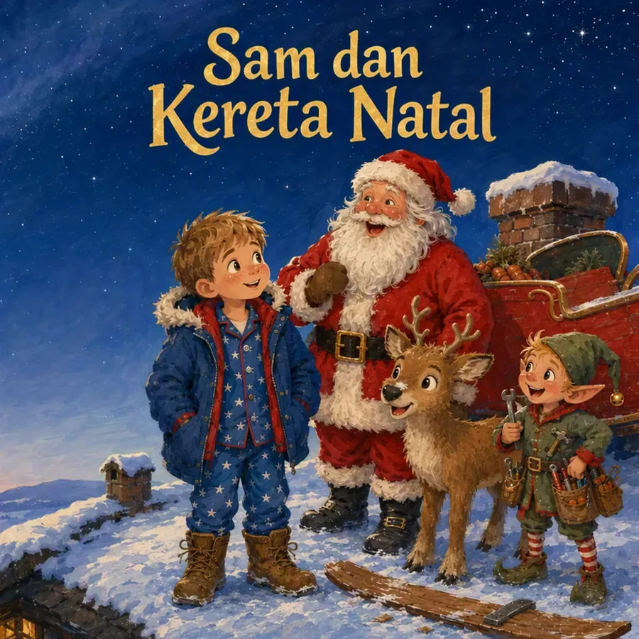 Sampul buku Natal dengan Sam, Sinterklas, Nova si rusa, dan Pip si peri di atas atap